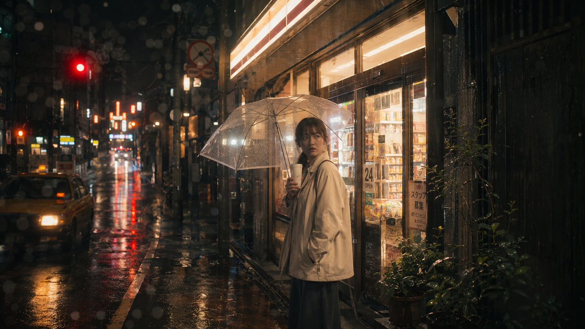 社交媒体帖子 - 雨夜东京便利店场景