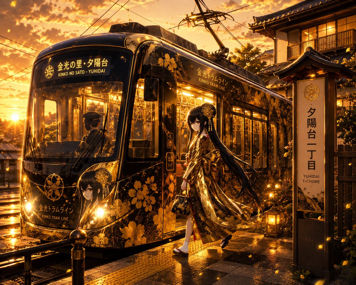 社交媒体帖子 - 日落时的金色动漫电车