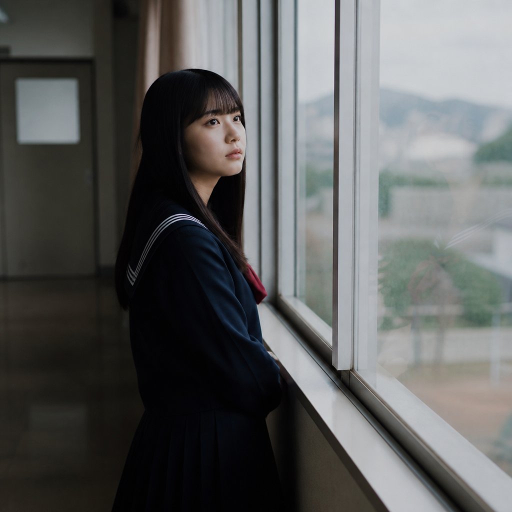 社交媒体帖子 - 窗边的匿名女学生