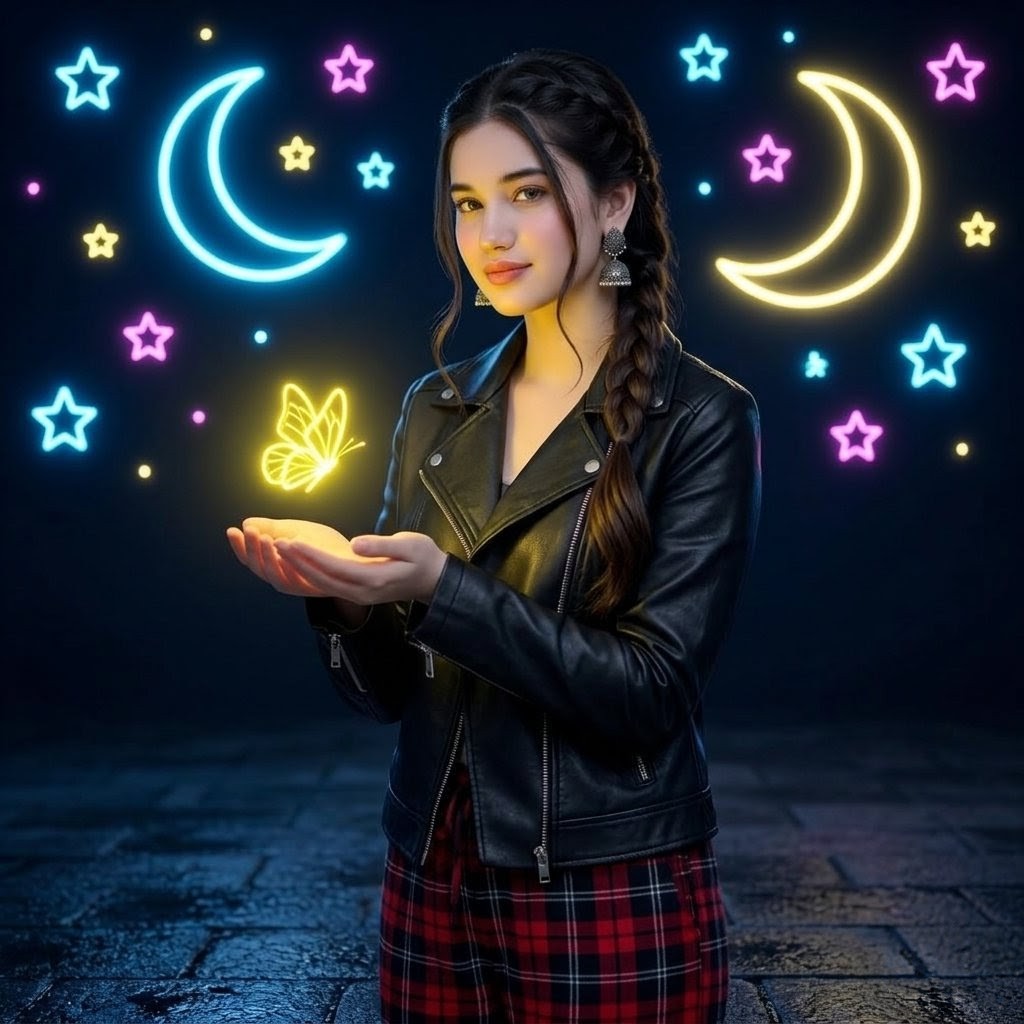 社交媒体帖子 - 霓虹蝴蝶夜间人像