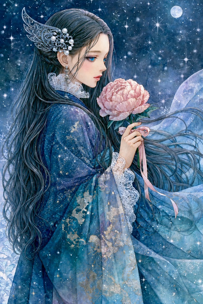 头像 - 月光下的动漫女子与牡丹